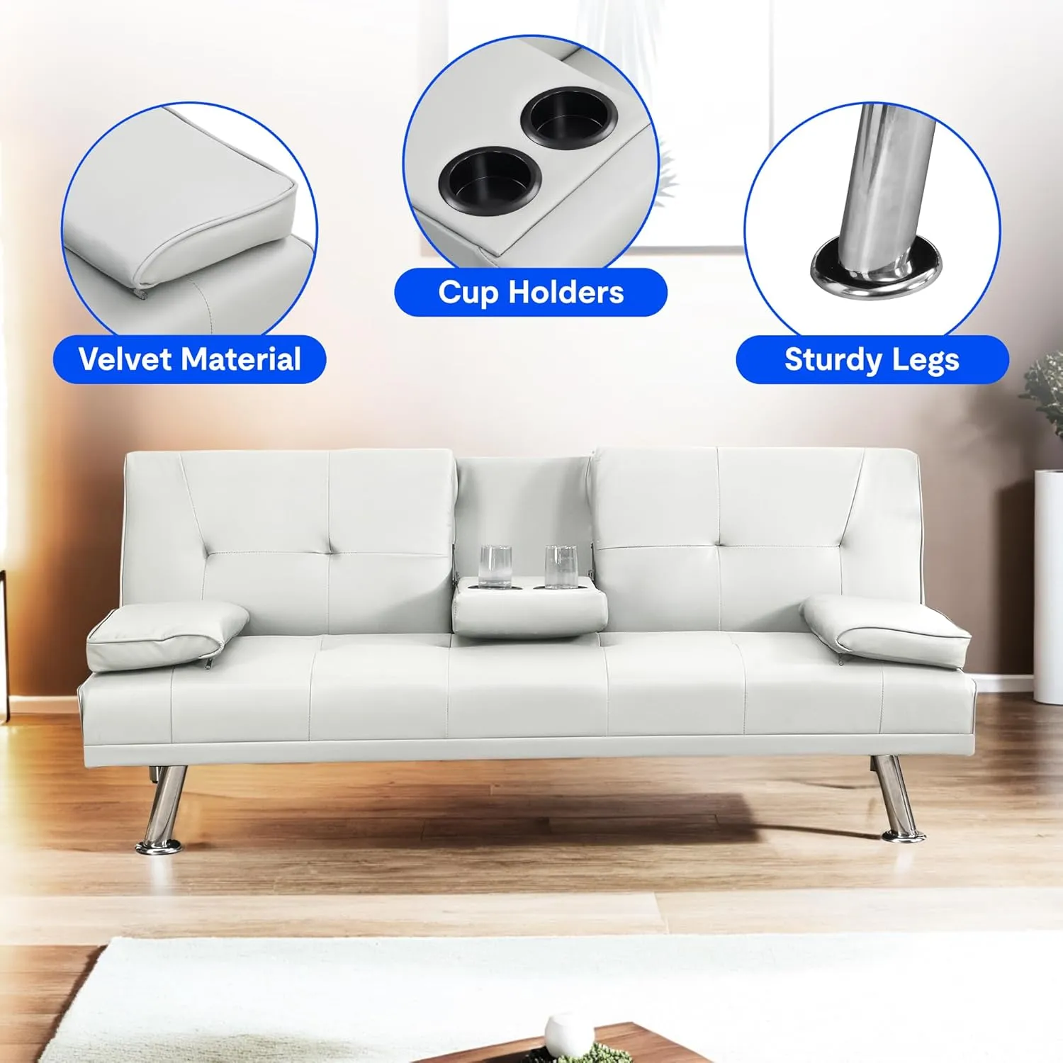 FLEXISPOT Futon Sofa Bed with Cup Holders, Convertible Sleeper Couch with Adjustable Backrest, Folding Loveseat Sofa for Small Spaces, Apartment, Guest Room, Office (PU Leather, White)