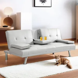 FLEXISPOT Futon Sofa Bed with Cup Holders, Convertible Sleeper Couch with Adjustable Backrest, Folding Loveseat Sofa for Small Spaces, Apartment, Guest Room, Office (PU Leather, White)
