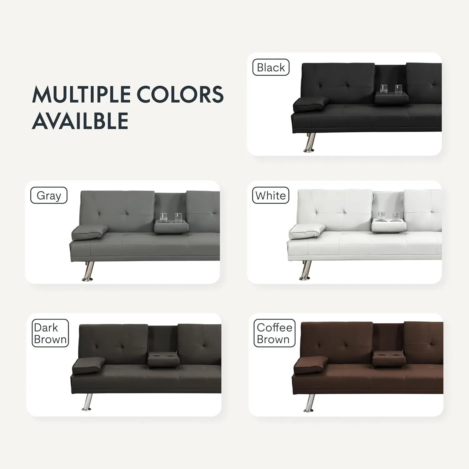 FLEXISPOT Futon Sofa Bed with Cup Holders, Convertible Sleeper Couch with Adjustable Backrest, Folding Loveseat Sofa for Small Spaces, Apartment, Guest Room, Office (PU Leather, White)