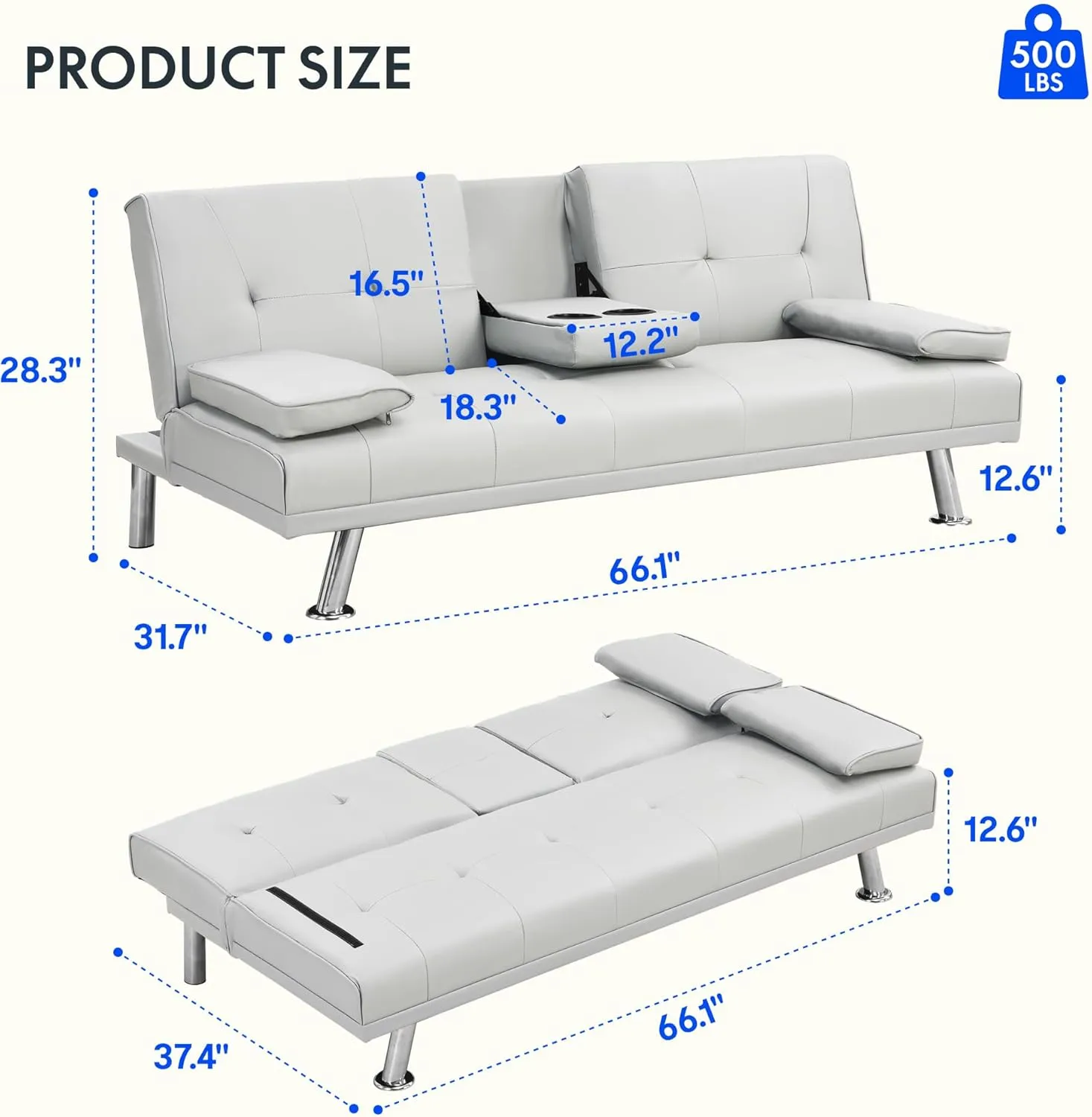 FLEXISPOT Futon Sofa Bed with Cup Holders, Convertible Sleeper Couch with Adjustable Backrest, Folding Loveseat Sofa for Small Spaces, Apartment, Guest Room, Office (PU Leather, White)