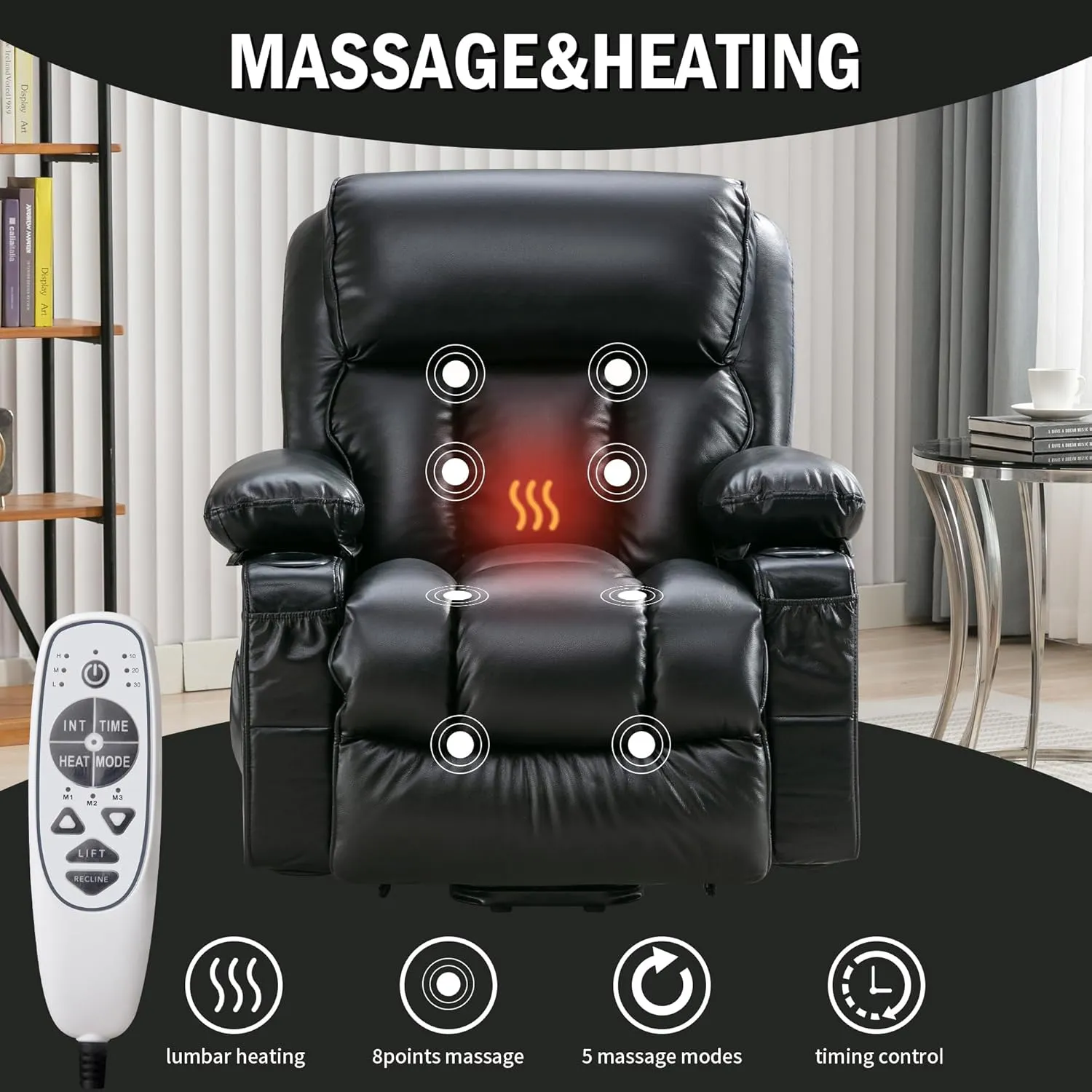 FLEXISPOT XL23 Power Lift Recliner Chair with Massage & Heat for Elderly - Large Electric Lift Chair with USB Port, Cup Holders, Side Pockets - Living Room Bedroom Single Sofa(Large Size,Black)