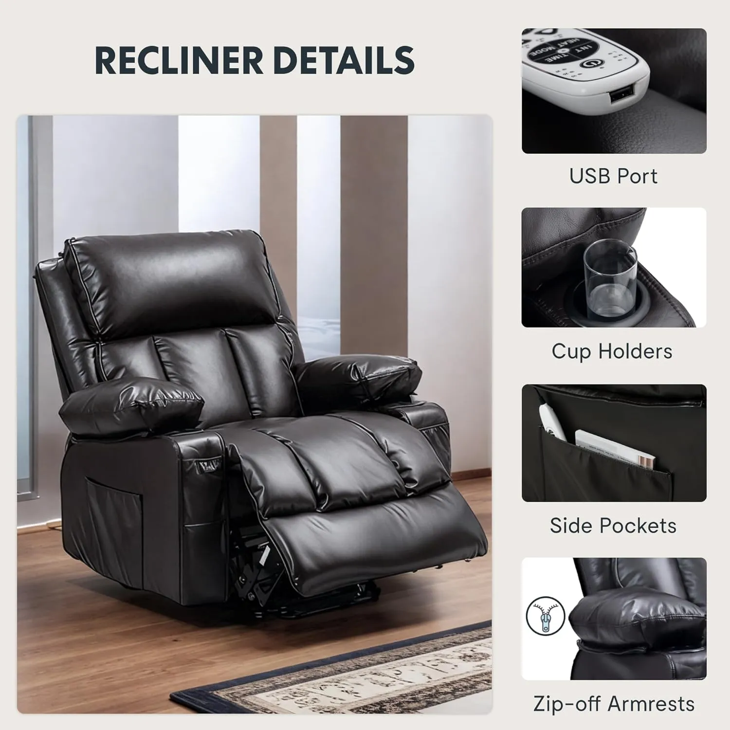 FLEXISPOT XL23 Power Lift Recliner Chair with Massage & Heat for Elderly - Large Electric Lift Chair with USB Port, Cup Holders, Side Pockets - Living Room Bedroom Single Sofa(Large Size,Black)