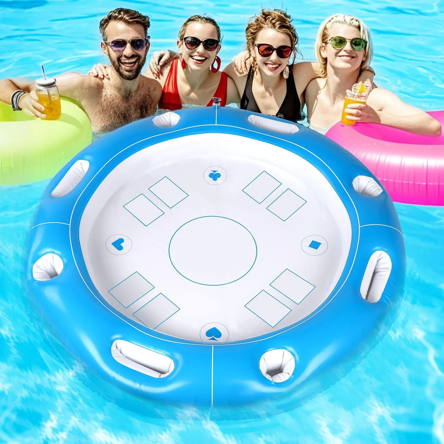 Floating Pool Games Table Set, Include 1pcs 39.37in Inflatable Floating Card Table Tray with 8 Food Drink Holders and 1 Deck of Waterproof Playing Cards for Indoor Outdoor Pool Party(Blue)