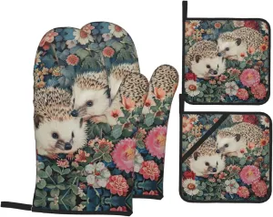 Floral Hedgehogs Print Convenient Oven Mitts Pot Holders Set Duty Heat Resistant Gloves with Quilted Liner