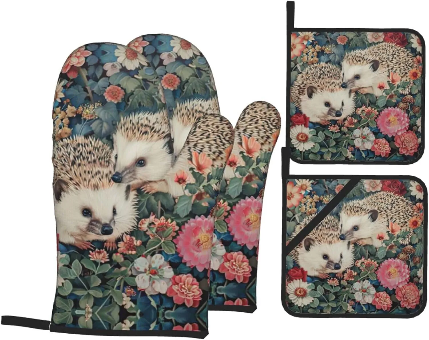 Floral Hedgehogs Print Convenient Oven Mitts Pot Holders Set Duty Heat Resistant Gloves with Quilted Liner