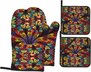 Flower Stained Glass Print Convenient Oven Mitts Pot Holders Set Duty Heat Resistant Gloves with Quilted Liner