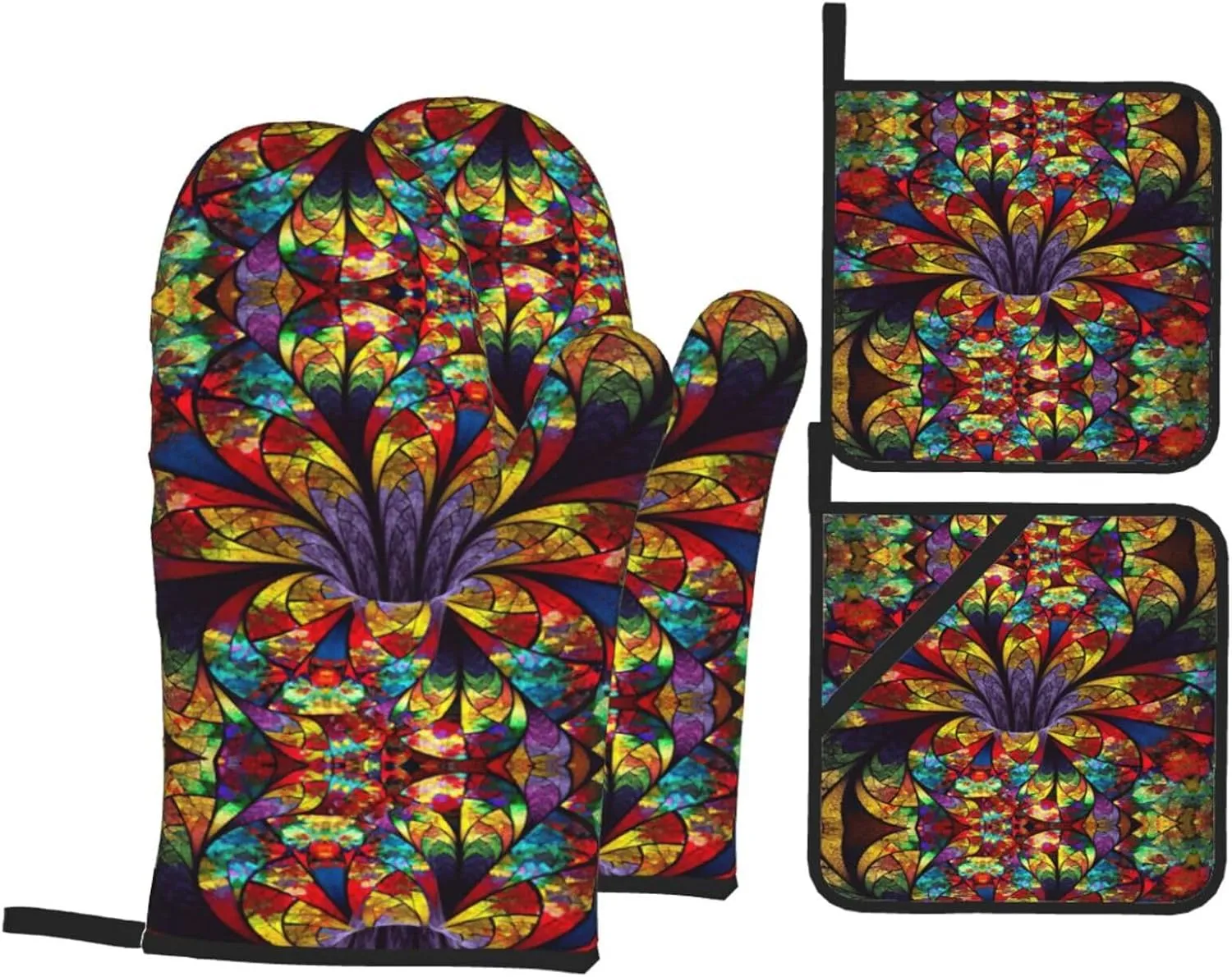 Flower Stained Glass Print Convenient Oven Mitts Pot Holders Set Duty Heat Resistant Gloves with Quilted Liner