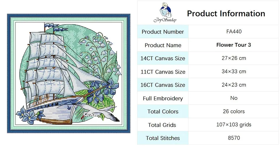 Flower Tour Floral Sailboat Pattern Cross Stitch Kits