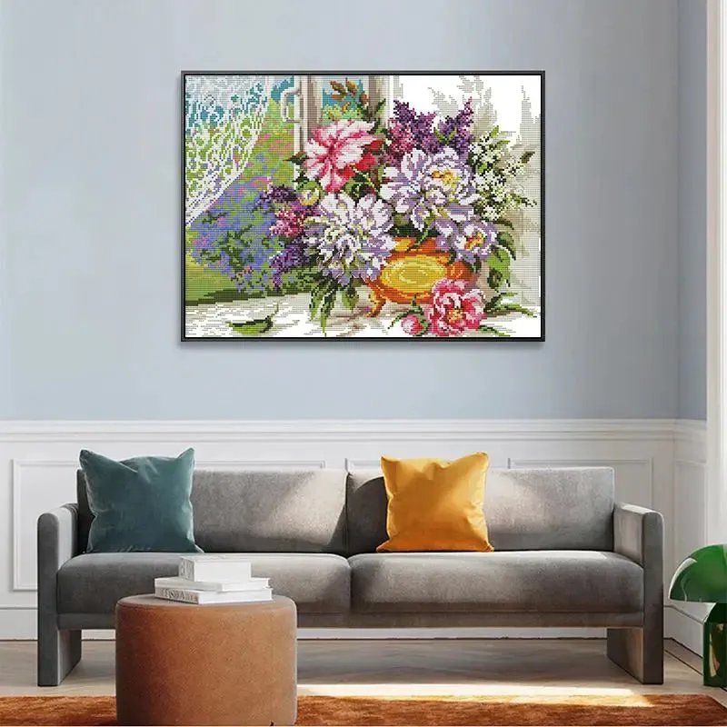 Flowers on Window Sill DIY Flowers Pattern Cross Stitch Needlework Kits