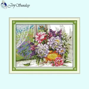 Flowers on Window Sill DIY Flowers Pattern Cross Stitch Needlework Kits