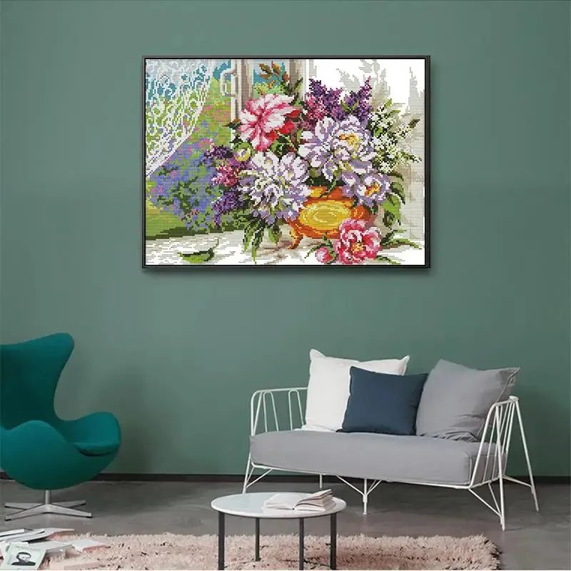 Flowers on Window Sill DIY Flowers Pattern Cross Stitch Needlework Kits
