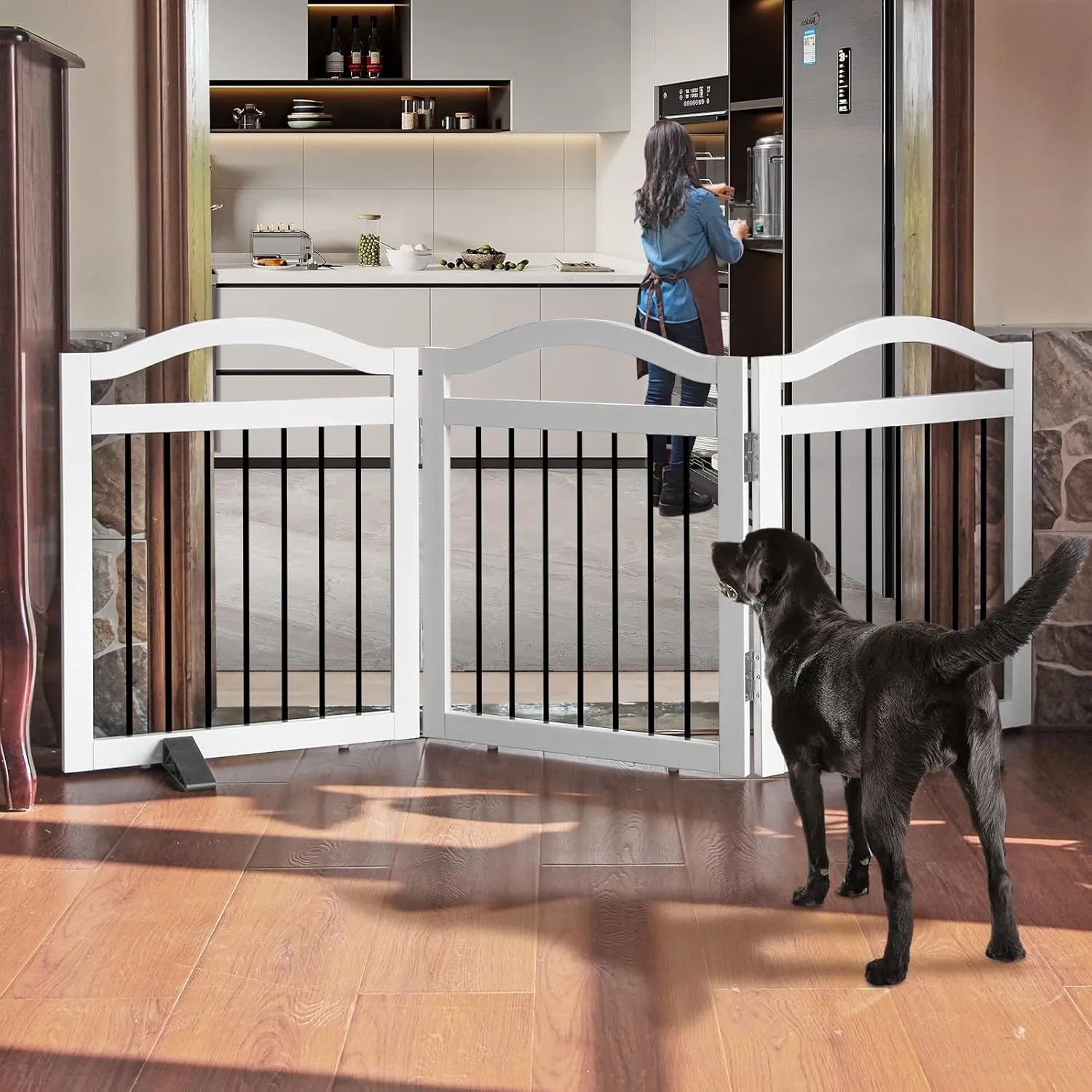 Foldable Freestanding Indoor Dog Gate for Doorways Wooden White Pet Gate for The House Dog Fence with Support Feet Included for Stairs, Hallways, 24" Height,3 Panels