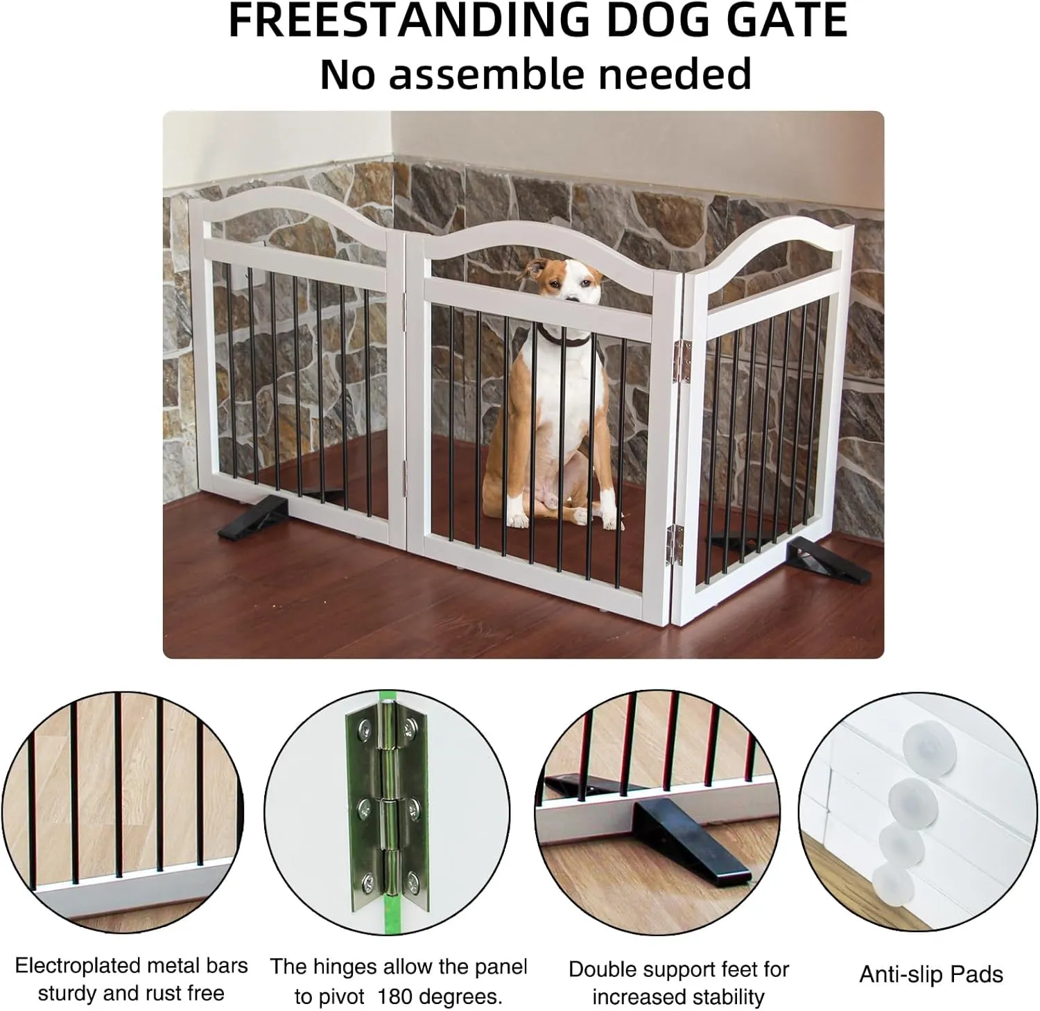 Foldable Freestanding Indoor Dog Gate for Doorways Wooden White Pet Gate for The House Dog Fence with Support Feet Included for Stairs, Hallways, 24" Height,3 Panels