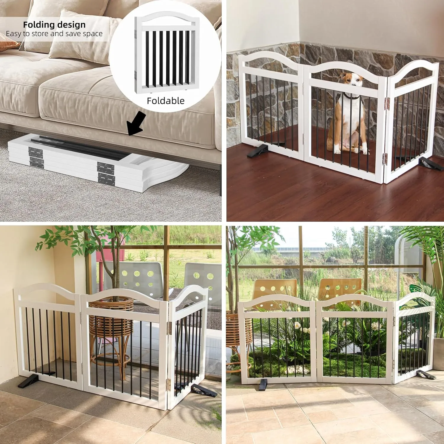 Foldable Freestanding Indoor Dog Gate for Doorways Wooden White Pet Gate for The House Dog Fence with Support Feet Included for Stairs, Hallways, 24" Height,3 Panels