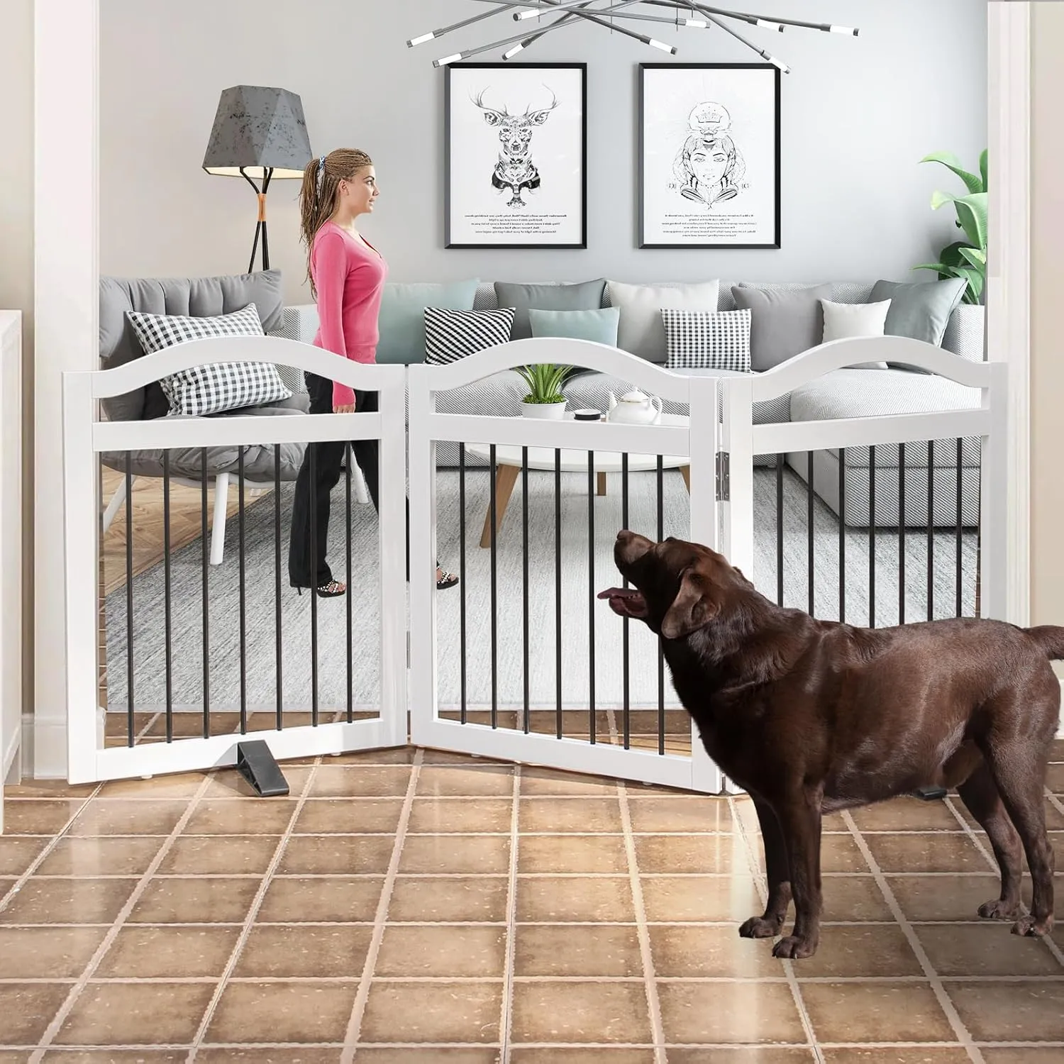 Foldable Freestanding Indoor Dog Gate for Doorways Wooden White Pet Gate for The House Dog Fence with Support Feet Included for Stairs, Hallways, 24" Height,3 Panels