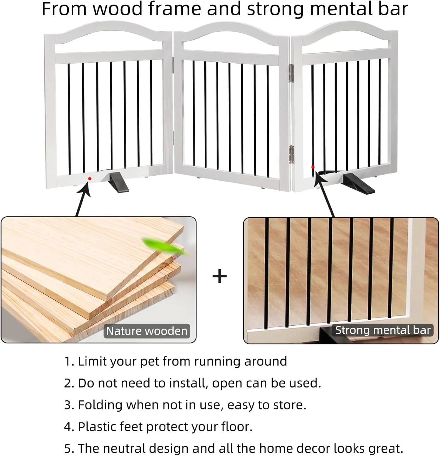 Foldable Freestanding Indoor Dog Gate for Doorways Wooden White Pet Gate for The House Dog Fence with Support Feet Included for Stairs, Hallways, 24" Height,3 Panels