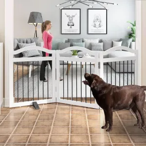 Foldable Freestanding Indoor Dog Gate for Doorways Wooden White Pet Gate for The House Dog Fence with Support Feet Included for Stairs, Hallways, 24" Height,3 Panels