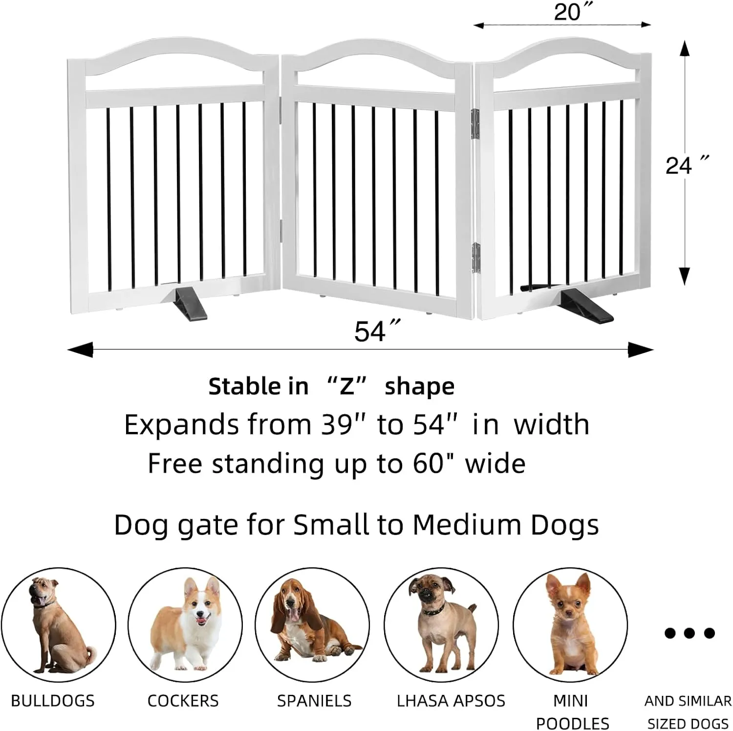 Foldable Freestanding Indoor Dog Gate for Doorways Wooden White Pet Gate for The House Dog Fence with Support Feet Included for Stairs, Hallways, 24" Height,3 Panels