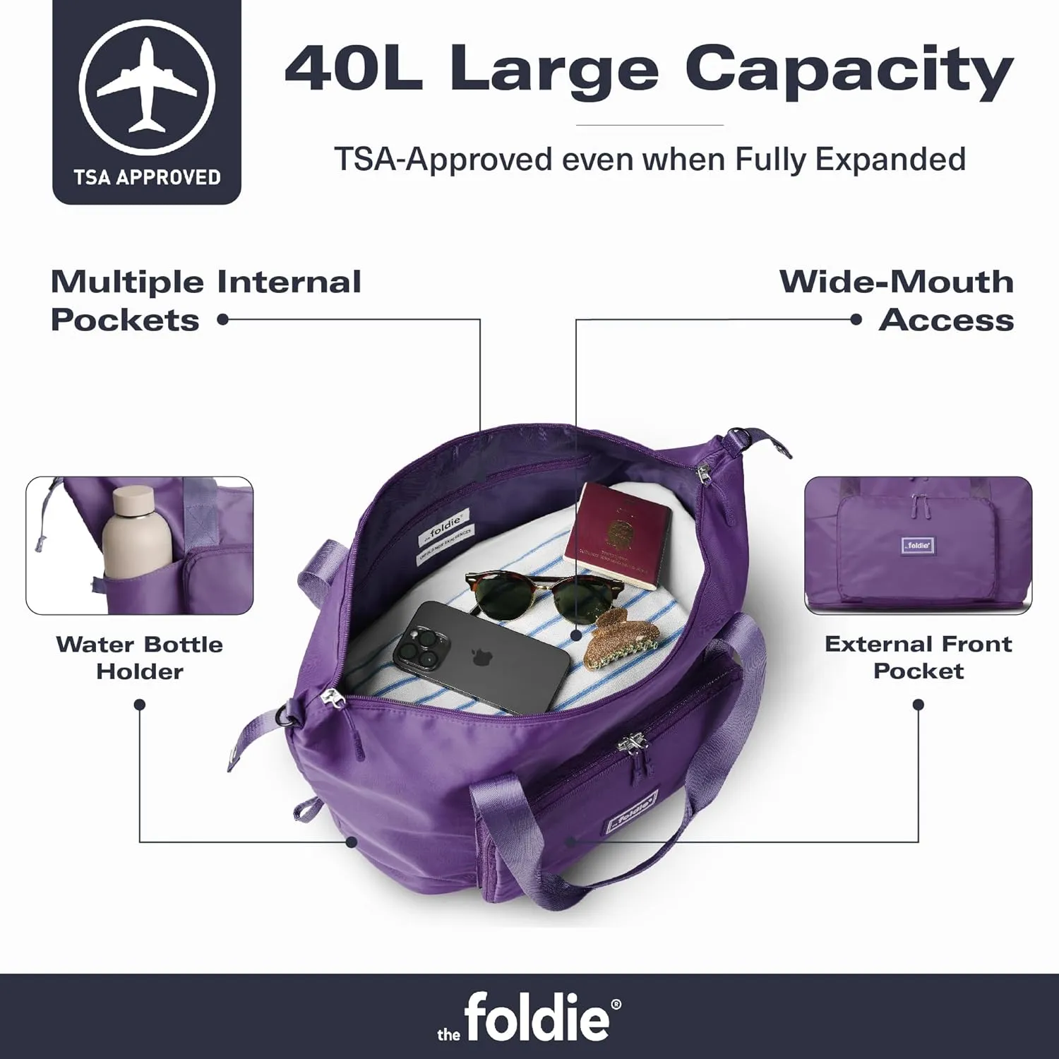 Foldable Travel Tote Bag for Women - 40L Weekender Bag with Multiple Pockets - Carry On Personal Item Travel Bag