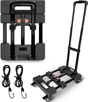 Folding Hand Truck,400lbs Load-Bearing Heavy Duty Luggage Cart with 4 Wheels& Brakes &Extendable Base Plate,Dolly Cart with Solid Construction for Travel,Moving,Shopping,Office Use,Black