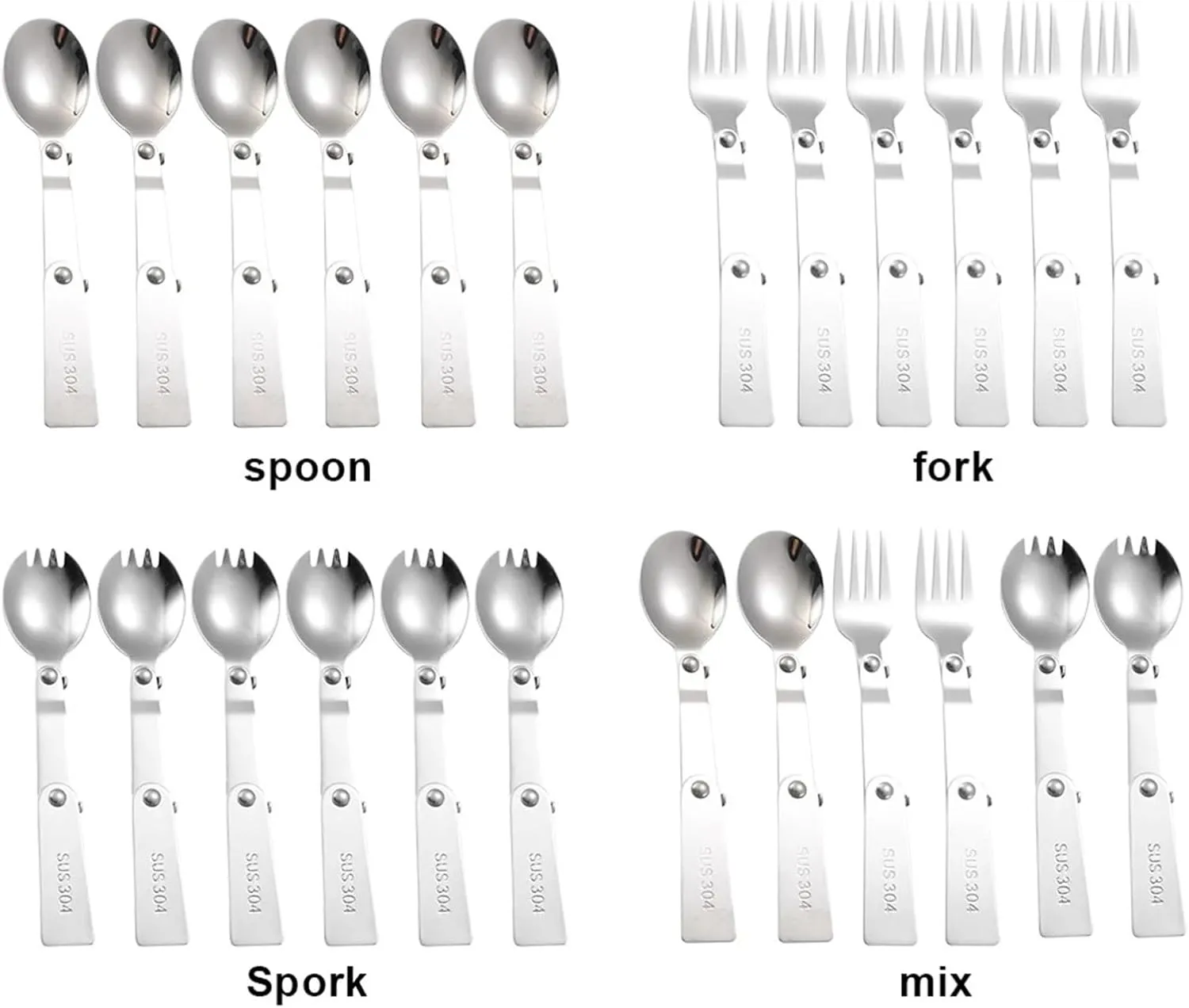 Folding Spoons 12Pcs Folding Spoon Fork Set, 304 Stainless Steel Compact Foldable Spoons Forks, Picnic Foldable Cutlery for Thermos Container Food Containers(Spork)
