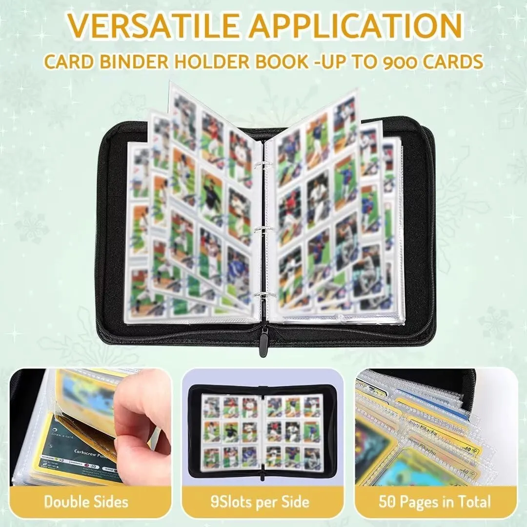 Football Card Binder Holder 900 Pockets with 50 Removable Sleeves, Portable Sports Trading Cards Binder Album Collector Organizer Protectors with Zipper,Waterproof