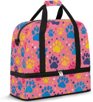 Footprints Dog Animal Travel Duffel Bag for Women Men Weekender Overnight Bag with Shoe Compartment Foldable Sports Gym Luggage Bag