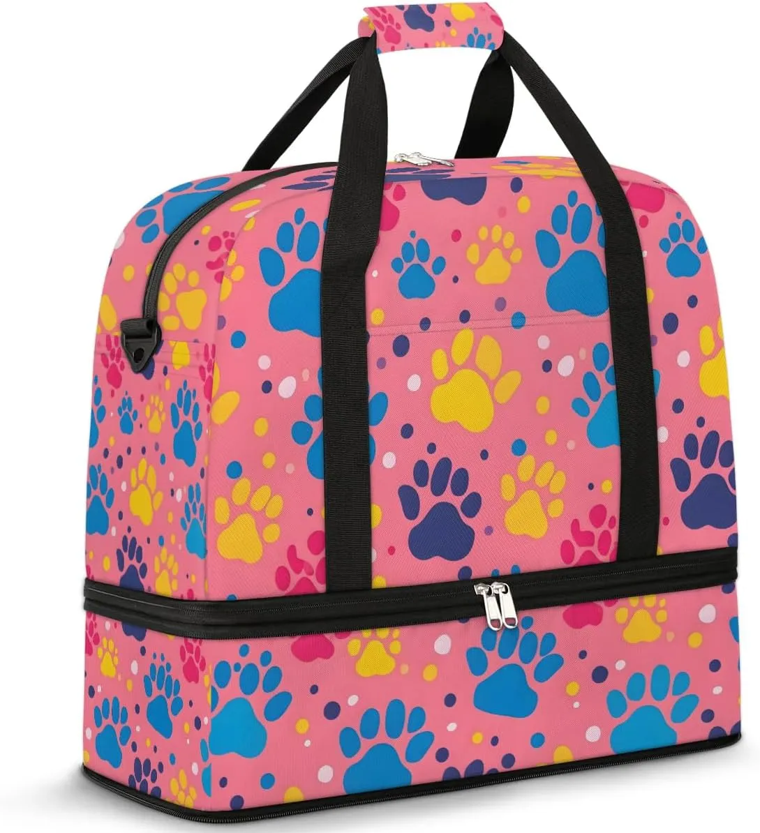 Footprints Dog Animal Travel Duffel Bag for Women Men Weekender Overnight Bag with Shoe Compartment Foldable Sports Gym Luggage Bag
