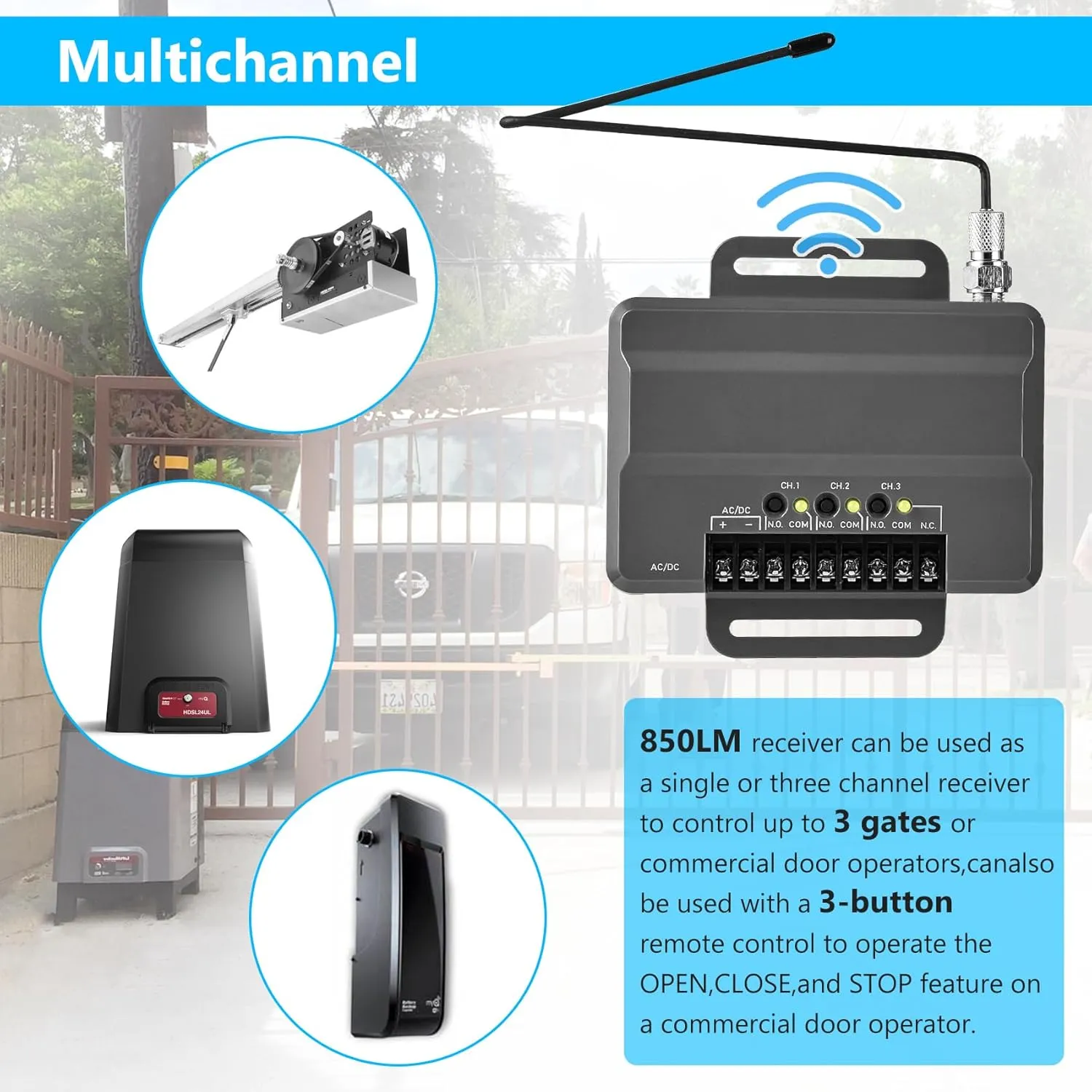 for Liftmaster 850LM Gate and Garage Door Opener Receiver, Compatible with Most Gate and Commercial Door Operators, 3 Channel Designed for Both Gated Communities and Commercial Buildings