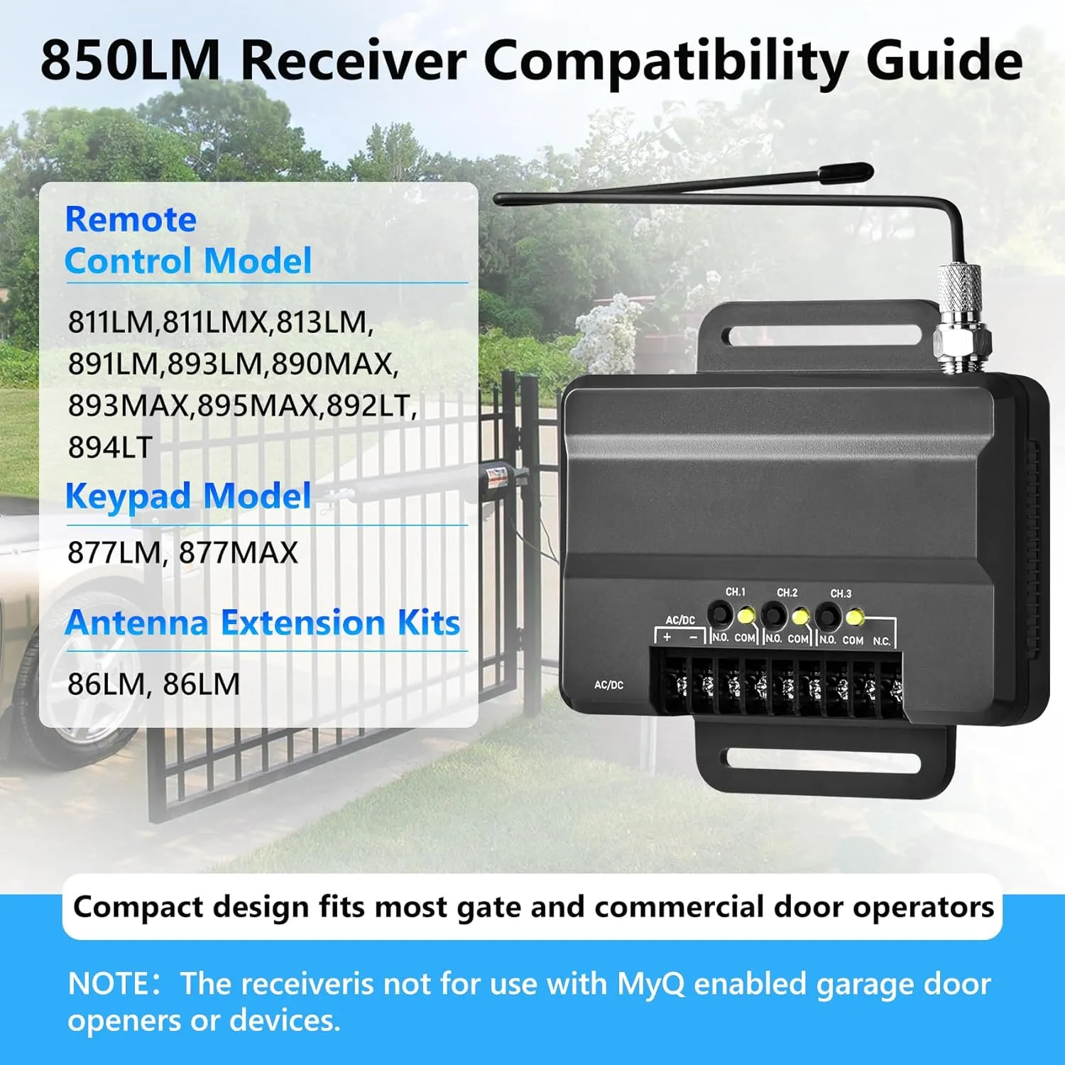 for Liftmaster 850LM Gate and Garage Door Opener Receiver, Compatible with Most Gate and Commercial Door Operators, 3 Channel Designed for Both Gated Communities and Commercial Buildings