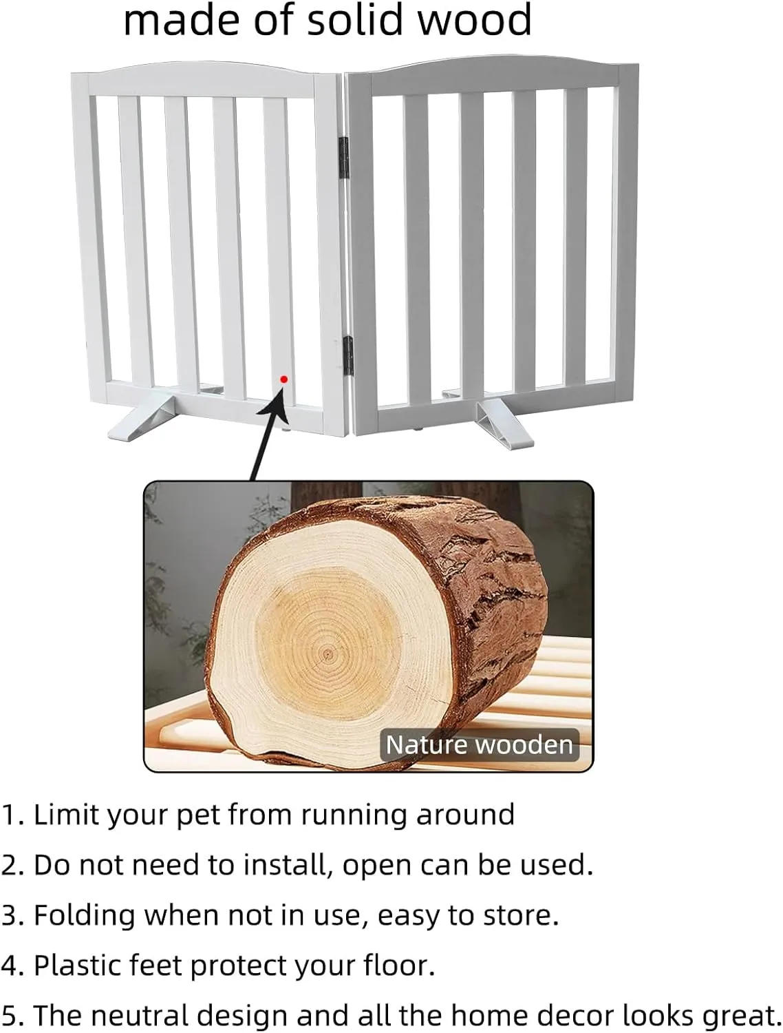 Freestanding Dog Gate Indoor, Doggie Gate Foldable Dog Gates for Doorways,Stairs or Hallways, Wooden White Pet Gate for The House, Dog Fence with Support Feet Included,24 "Height-2 Panels
