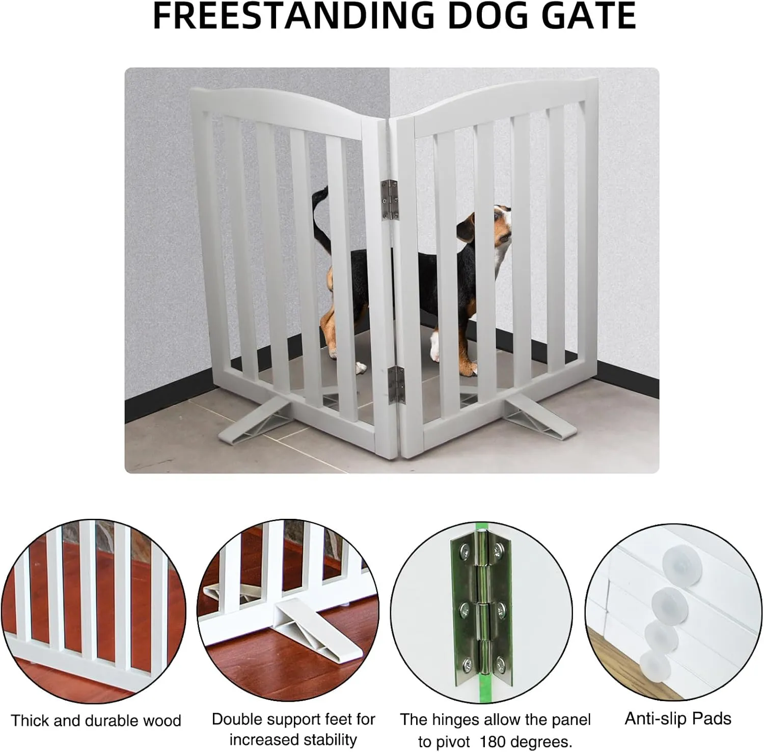 Freestanding Dog Gate Indoor, Doggie Gate Foldable Dog Gates for Doorways,Stairs or Hallways, Wooden White Pet Gate for The House, Dog Fence with Support Feet Included,24 "Height-2 Panels