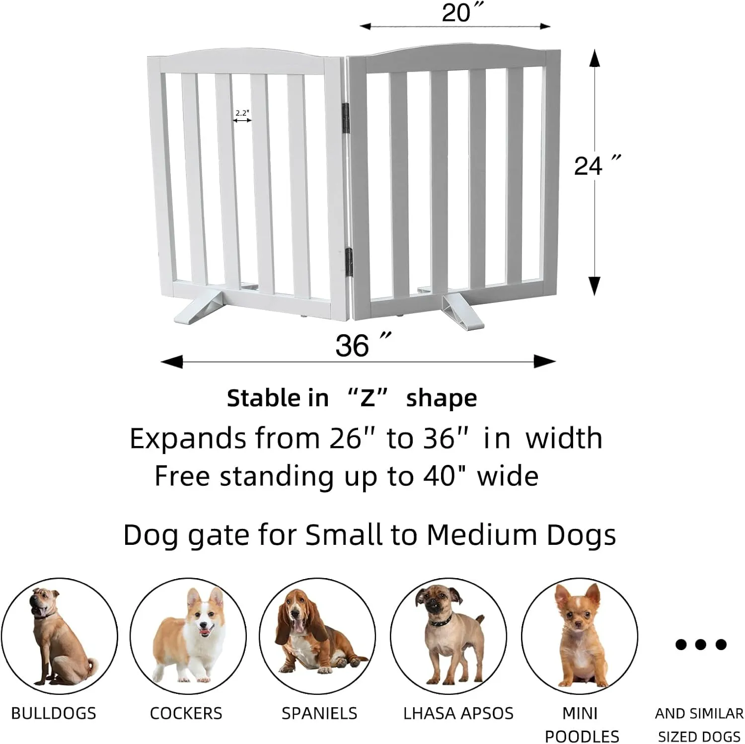 Freestanding Dog Gate Indoor, Doggie Gate Foldable Dog Gates for Doorways,Stairs or Hallways, Wooden White Pet Gate for The House, Dog Fence with Support Feet Included,24 "Height-2 Panels