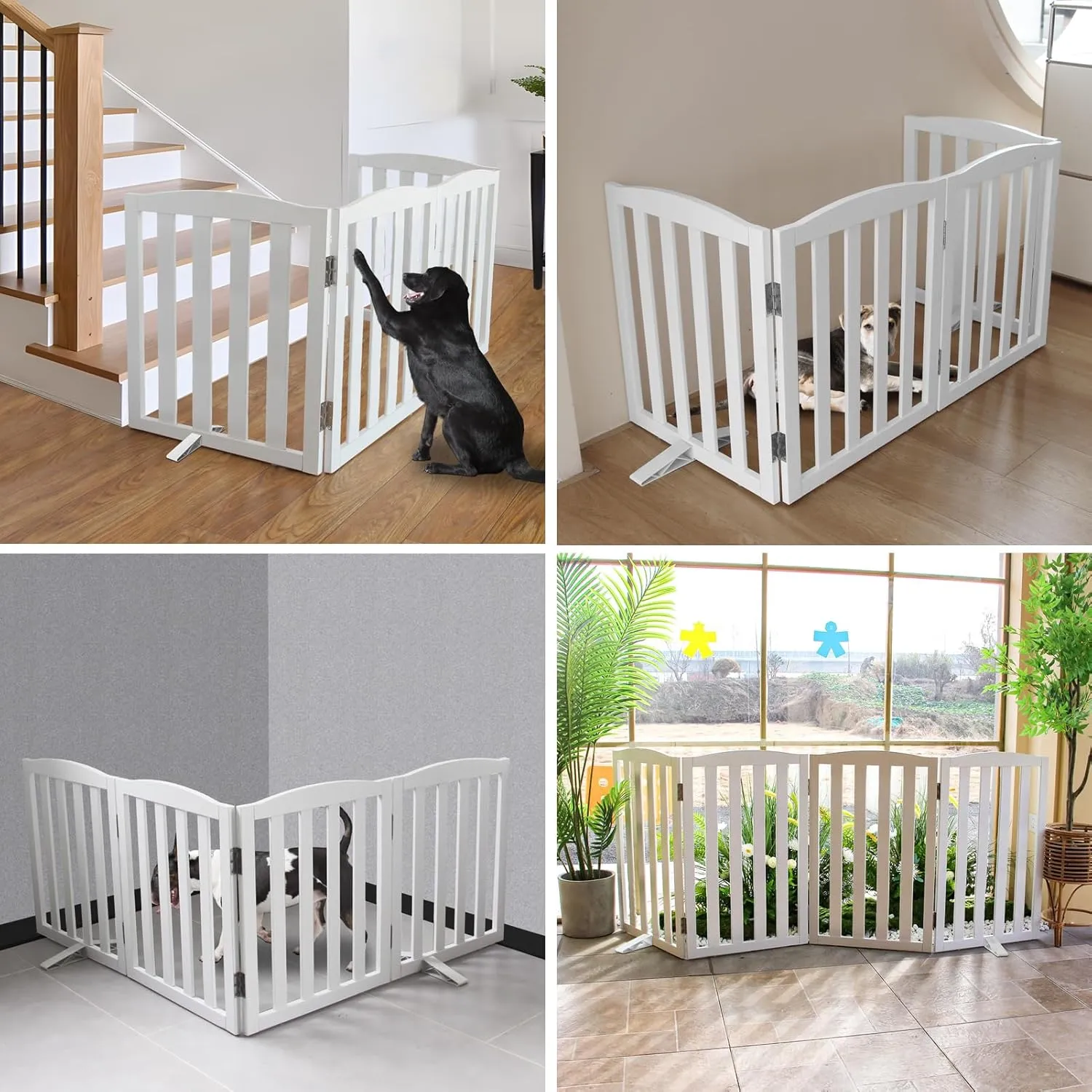 Freestanding Dog Gate Indoor, Doggie Gate Foldable Dog Gates for Doorways,Stairs or Hallways, Wooden White Pet Gate for The House, Dog Fence with Support Feet Included,24 "Height-2 Panels