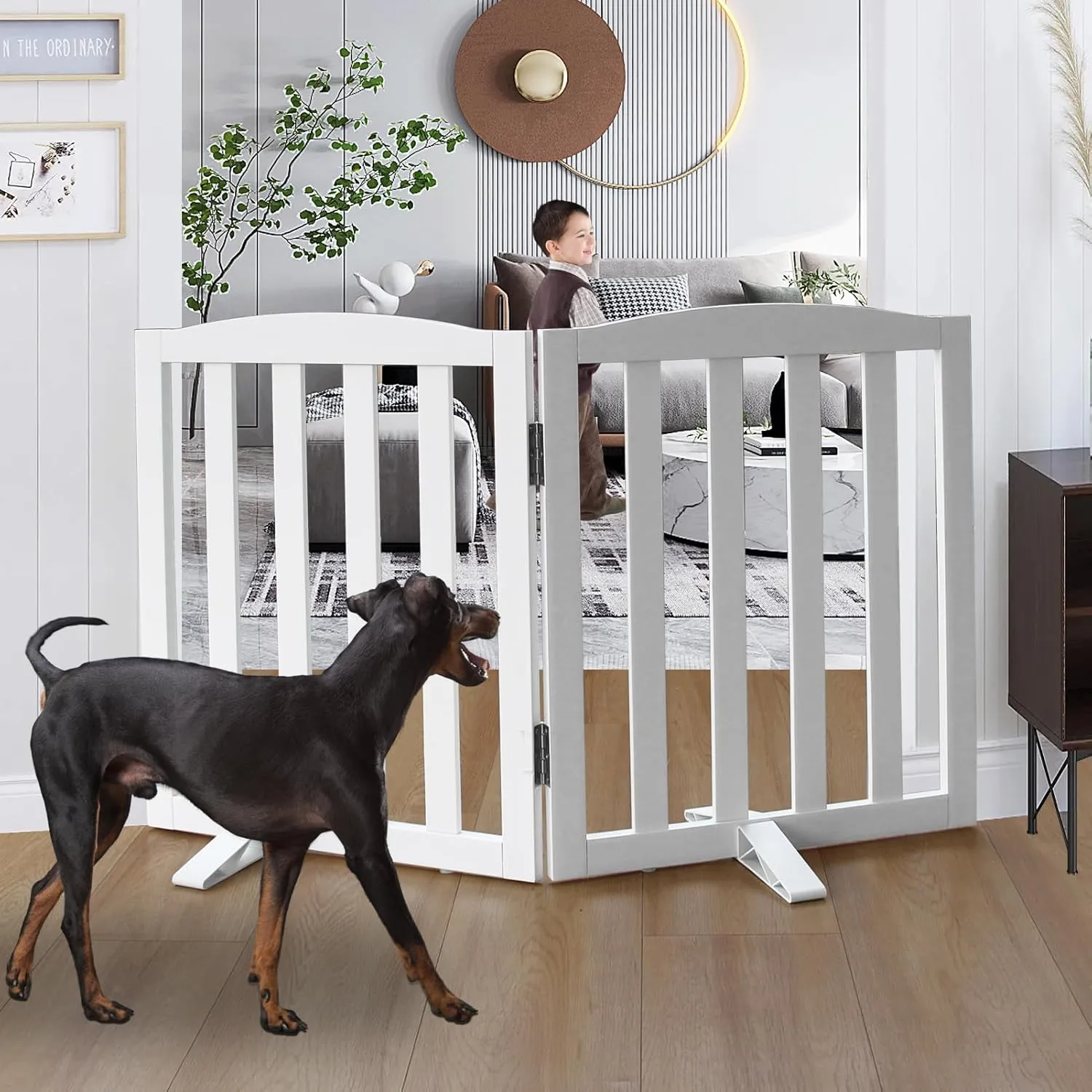 Freestanding Dog Gate Indoor, Doggie Gate Foldable Dog Gates for Doorways,Stairs or Hallways, Wooden White Pet Gate for The House, Dog Fence with Support Feet Included,24 "Height-2 Panels