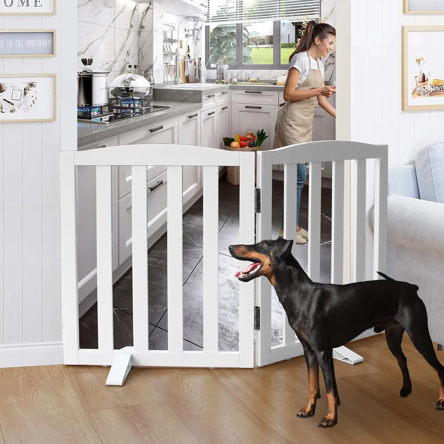 Freestanding Dog Gate Indoor, Doggie Gate Foldable Dog Gates for Doorways,Stairs or Hallways, Wooden White Pet Gate for The House, Dog Fence with Support Feet Included,24 "Height-2 Panels