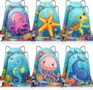 Frienda 12 Pcs Under the Sea Party Favors Drawstring Bags Backpack with Ocean Creatures for Kids Ocean Birthday Party Supplies Baby Shower Sea Theme Gifts, 12 x 10 Inch