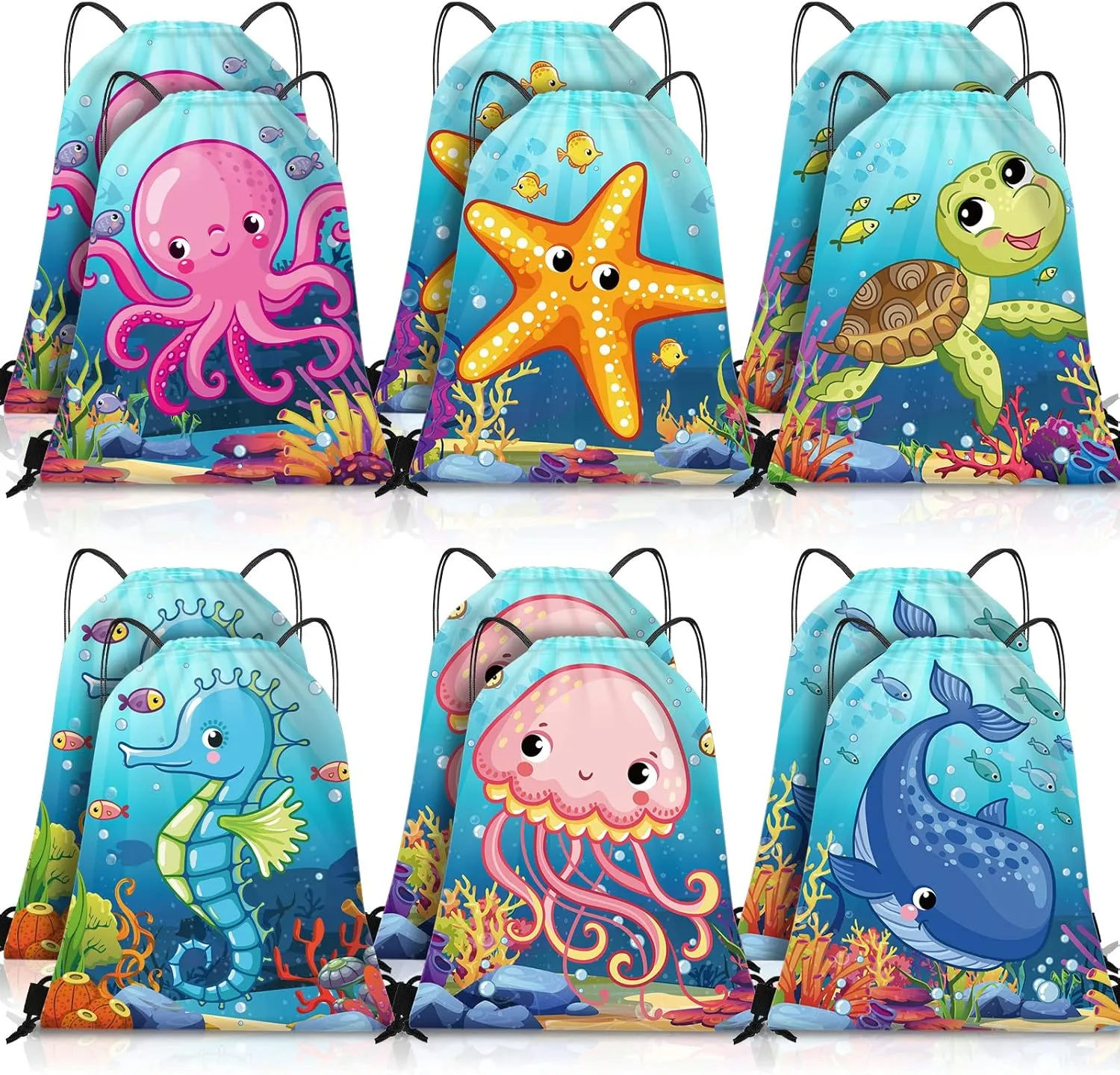 Frienda 12 Pcs Under the Sea Party Favors Drawstring Bags Backpack with Ocean Creatures for Kids Ocean Birthday Party Supplies Baby Shower Sea Theme Gifts, 12 x 10 Inch