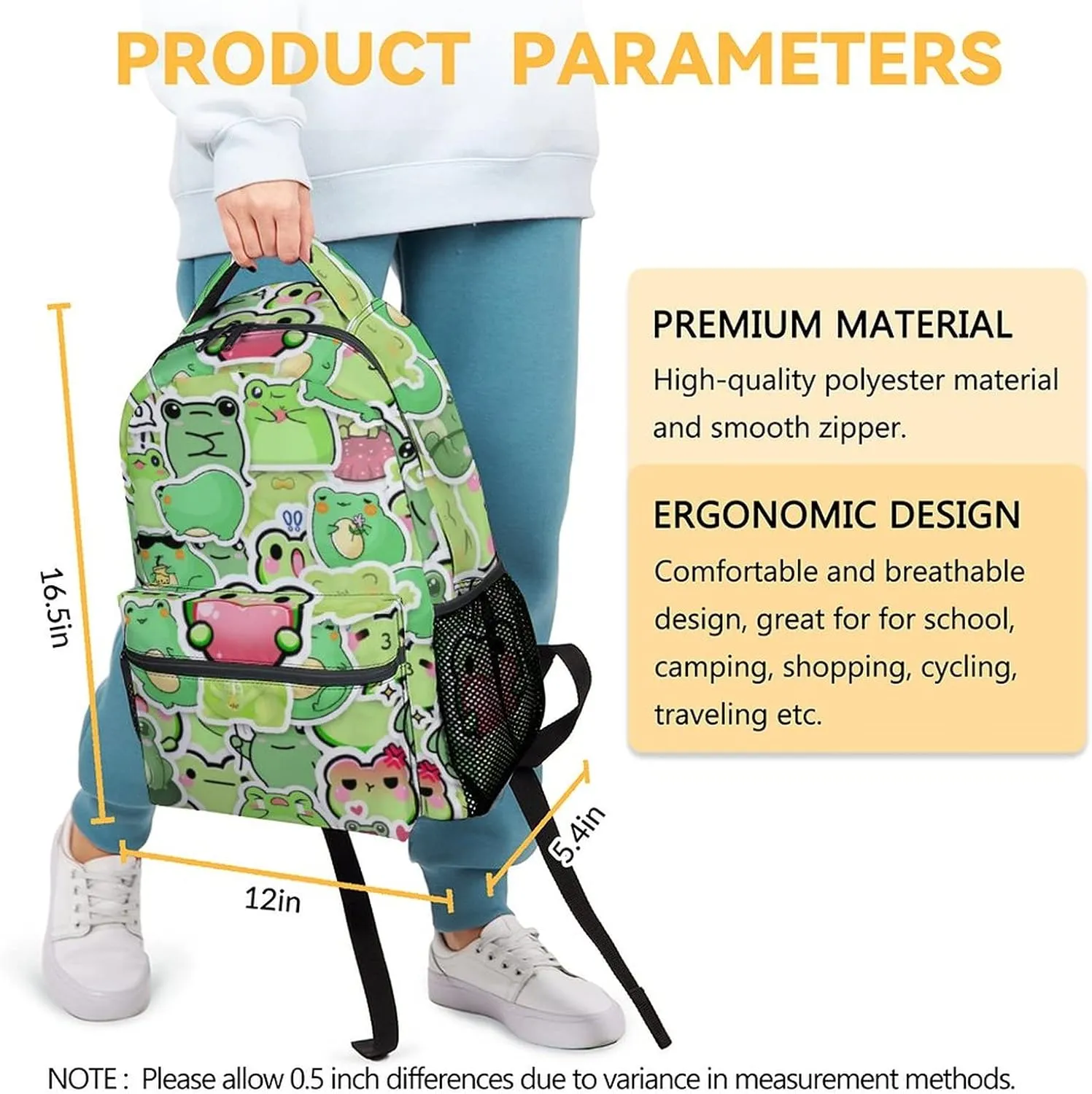 Frog Backpack for Girls Boys, 16 Inch Colorful Backpacks for School, Cute Lightweight Durable Bookbag for Kids