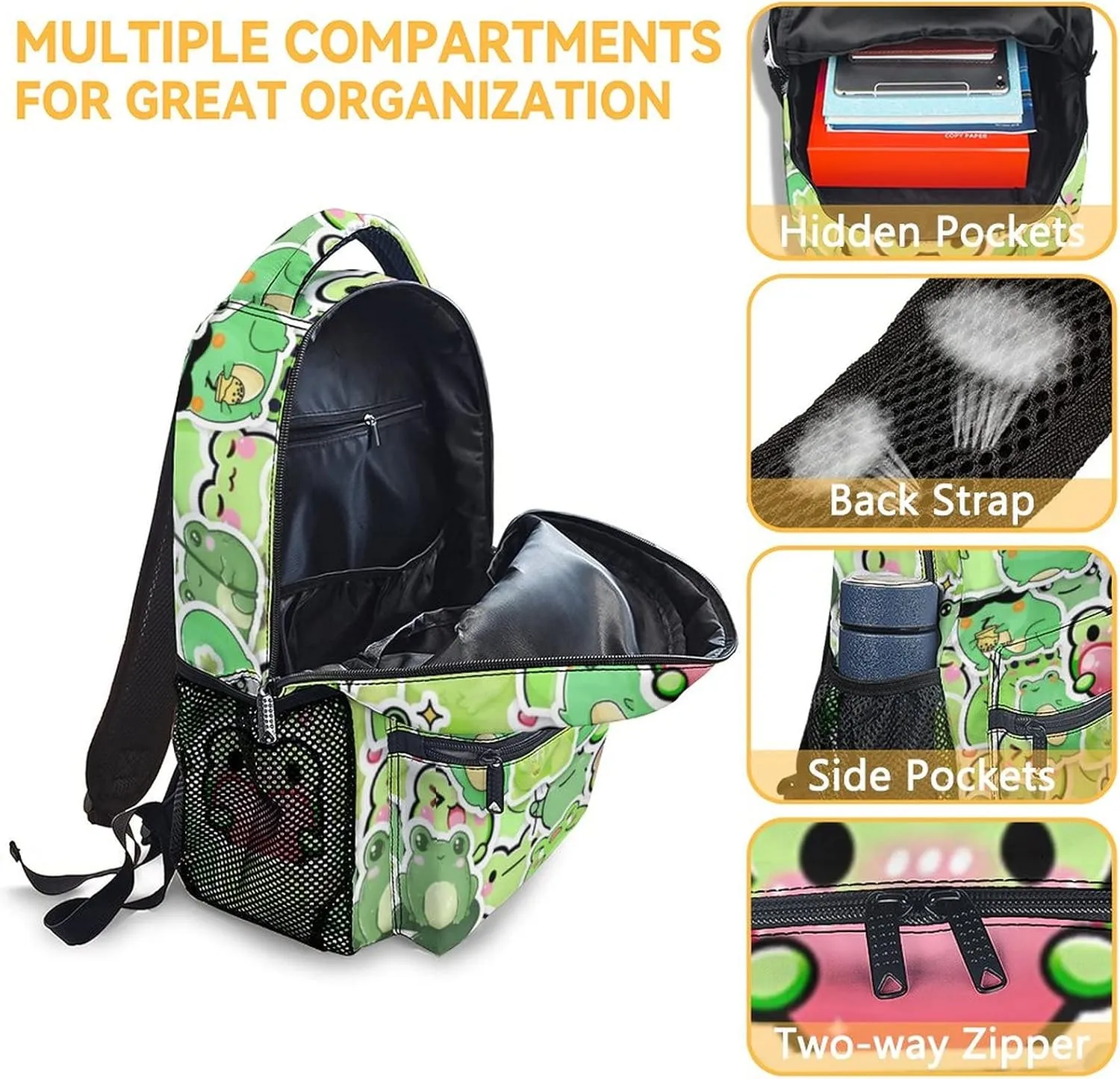 Frog Backpack for Girls Boys, 16 Inch Colorful Backpacks for School, Cute Lightweight Durable Bookbag for Kids