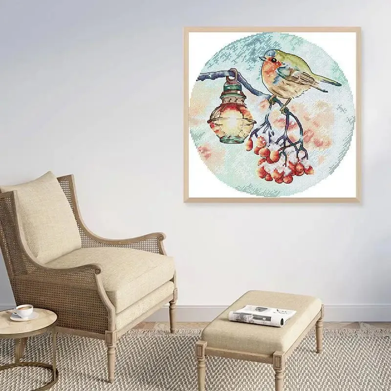 Frosty Snowy Night Lamp Bird Cross Stitch Kits For Beginners