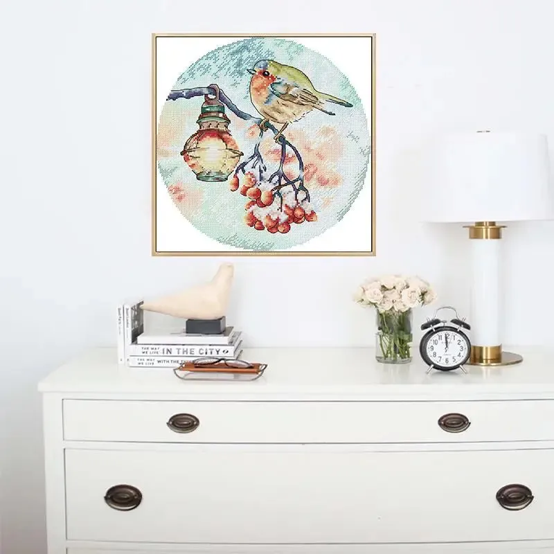 Frosty Snowy Night Lamp Bird Cross Stitch Kits For Beginners