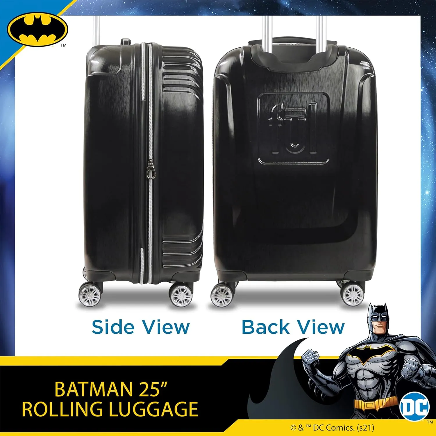 FUL DC Comics Batman Rolling Luggage, Molded Hardshell Suitcase with Spinner Wheels, Black, 25 Inch
