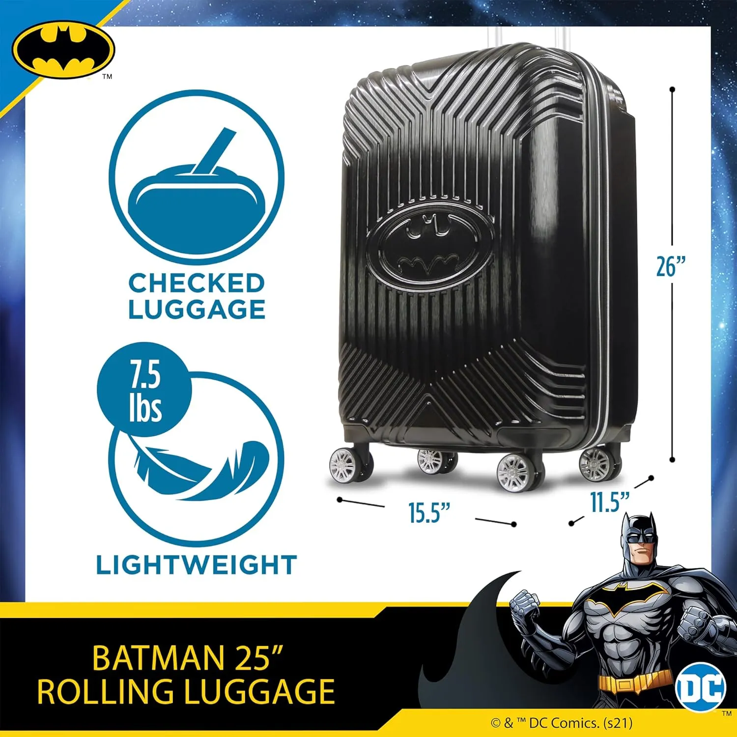FUL DC Comics Batman Rolling Luggage, Molded Hardshell Suitcase with Spinner Wheels, Black, 25 Inch