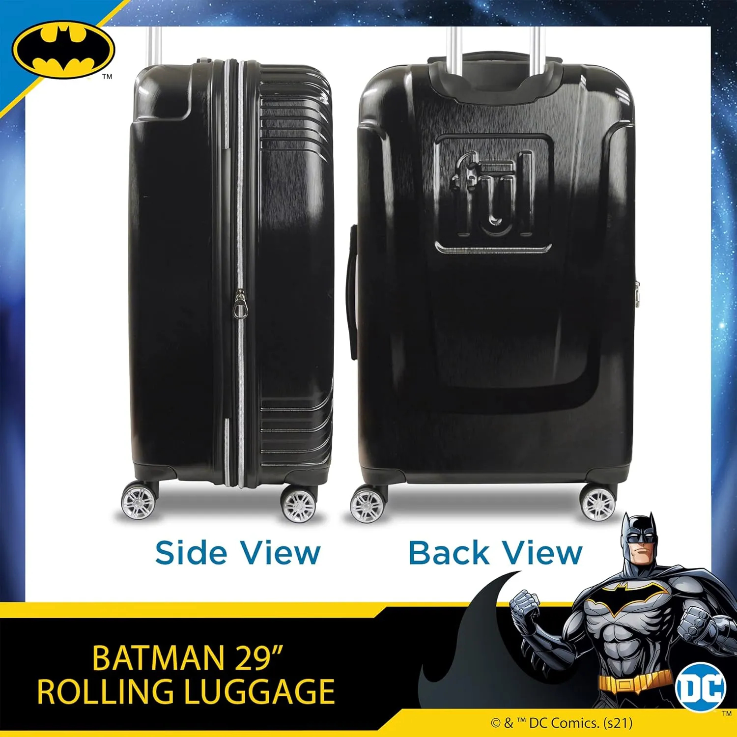 FUL DC Comics Batman Rolling Luggage, Molded Hardshell Suitcase with Spinner Wheels, Black, 29 Inch