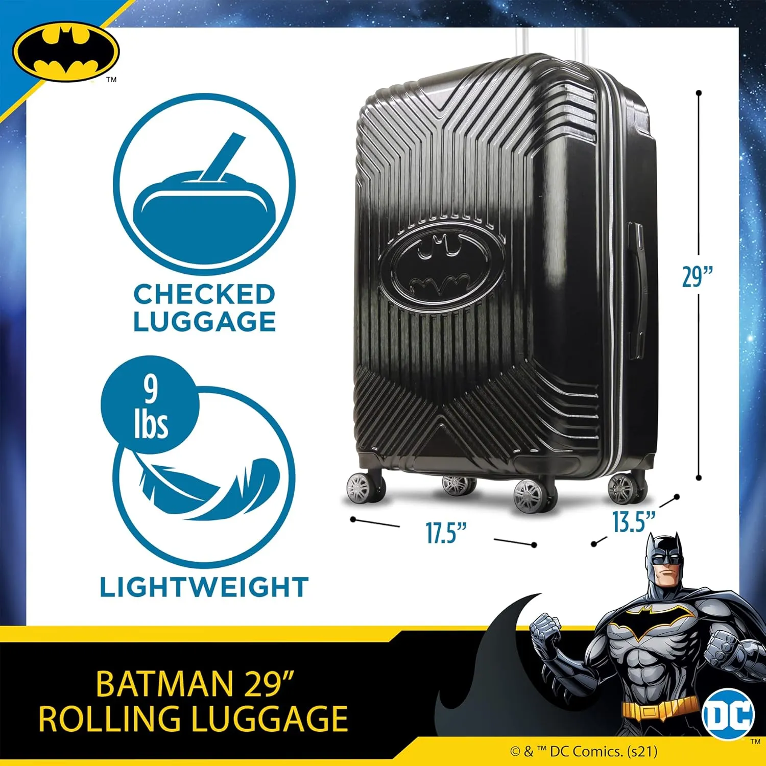 FUL DC Comics Batman Rolling Luggage, Molded Hardshell Suitcase with Spinner Wheels, Black, 29 Inch