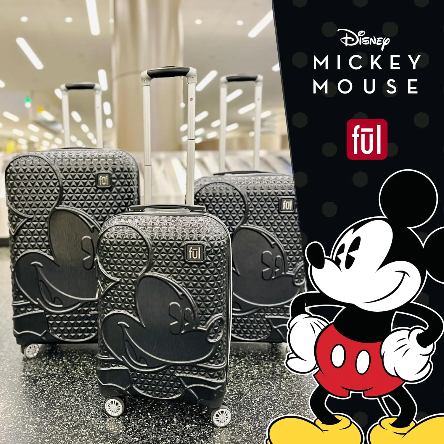FUL Disney Mickey Mouse (Set of 3) Rolling Luggage Set, Hardside Suitcase with Spinner Wheels, 21 Inch, 25 Inch and 29 Inch, Black