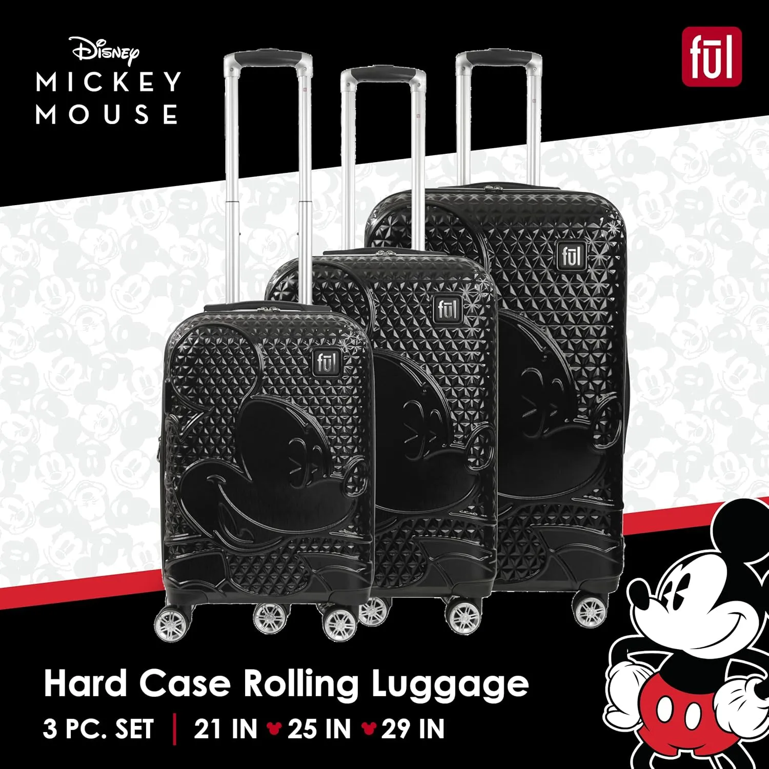 FUL Disney Mickey Mouse (Set of 3) Rolling Luggage Set, Hardside Suitcase with Spinner Wheels, 21 Inch, 25 Inch and 29 Inch, Black