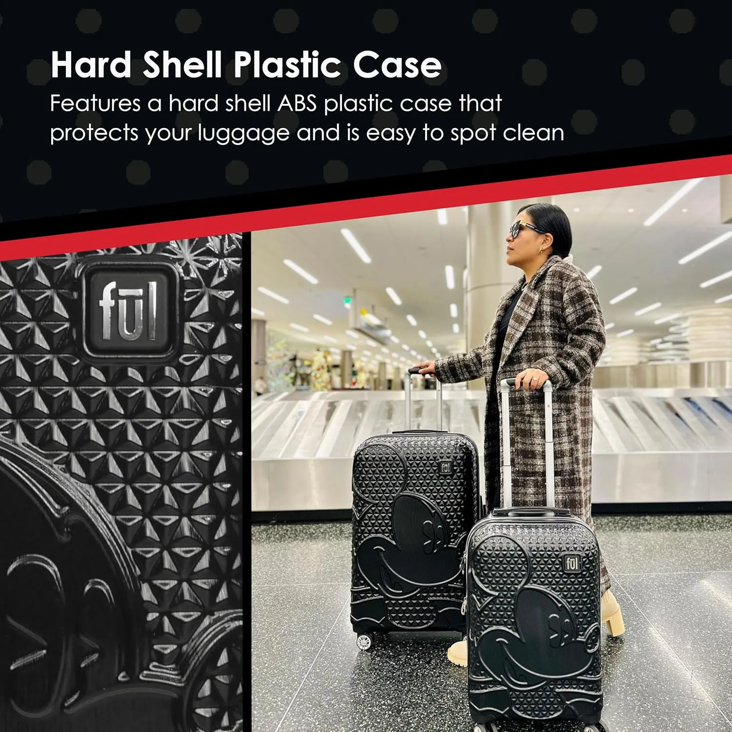 FUL Disney Mickey Mouse (Set of 3) Rolling Luggage Set, Hardside Suitcase with Spinner Wheels, 21 Inch, 25 Inch and 29 Inch, Black