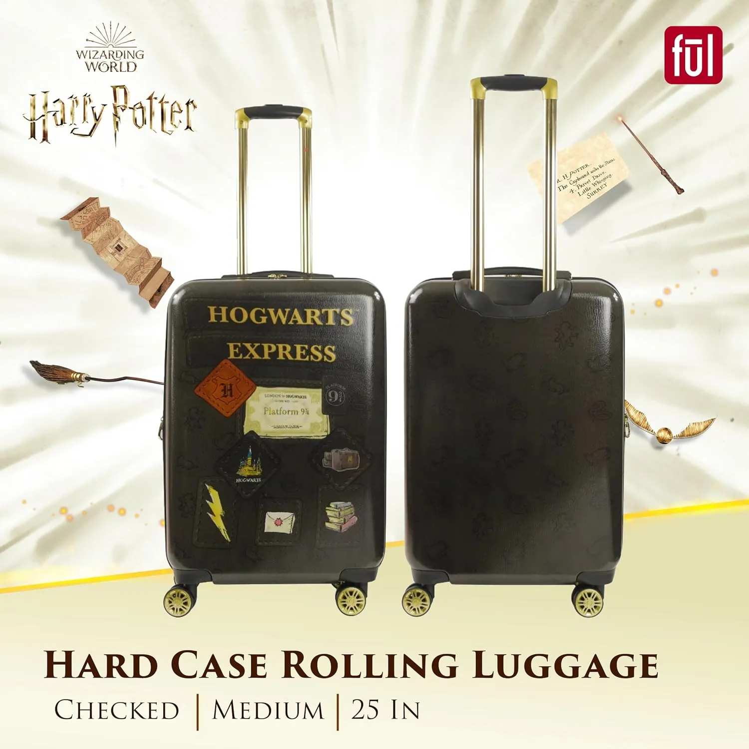 FUL Harry Potter Rolling Luggage, Hogwarts Express Hardshell Suitcase with Spinner Wheels, Black, 25 Inch